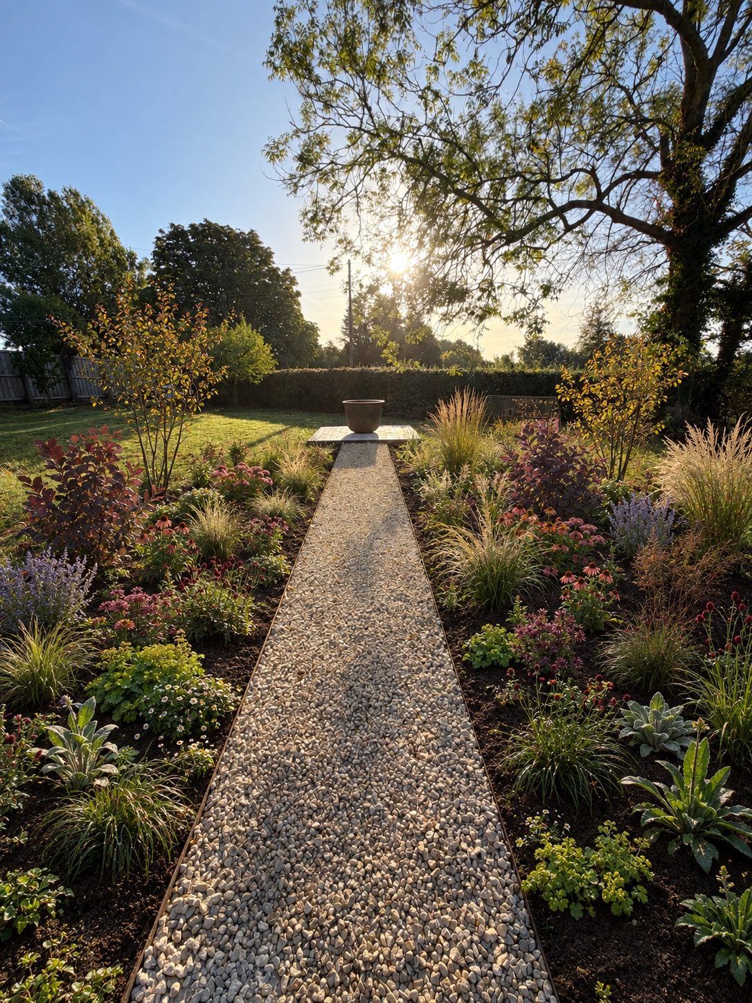 Gravel path through the borders in evening light – Brook Garden, Brook, Kent