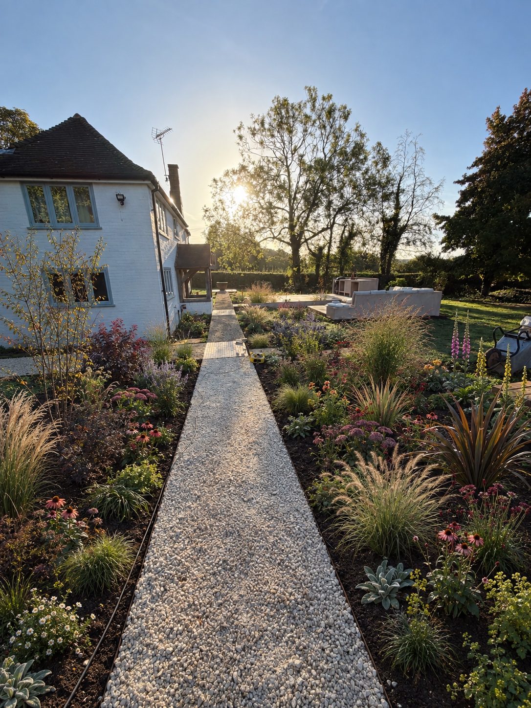 Gravel path through planting towards the house – Brook Garden, Brook, Kent