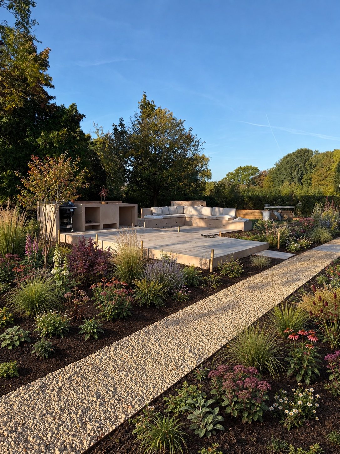 Gravel path leading to the stone terrace – Brook Garden, Brook, Kent