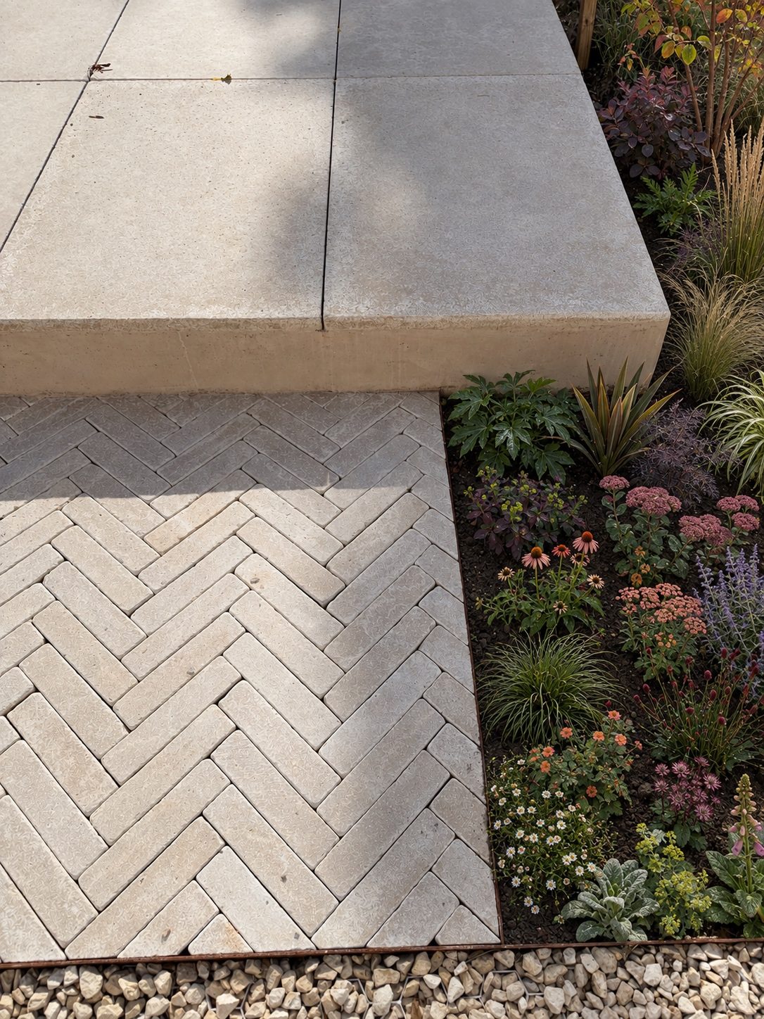 Herringbone paving below a stone step – Brook Garden, Brook, Kent
