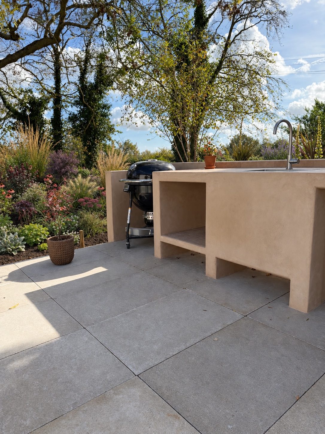 Built-in outdoor kitchen on the stone terrace – Brook Garden, Brook, Kent