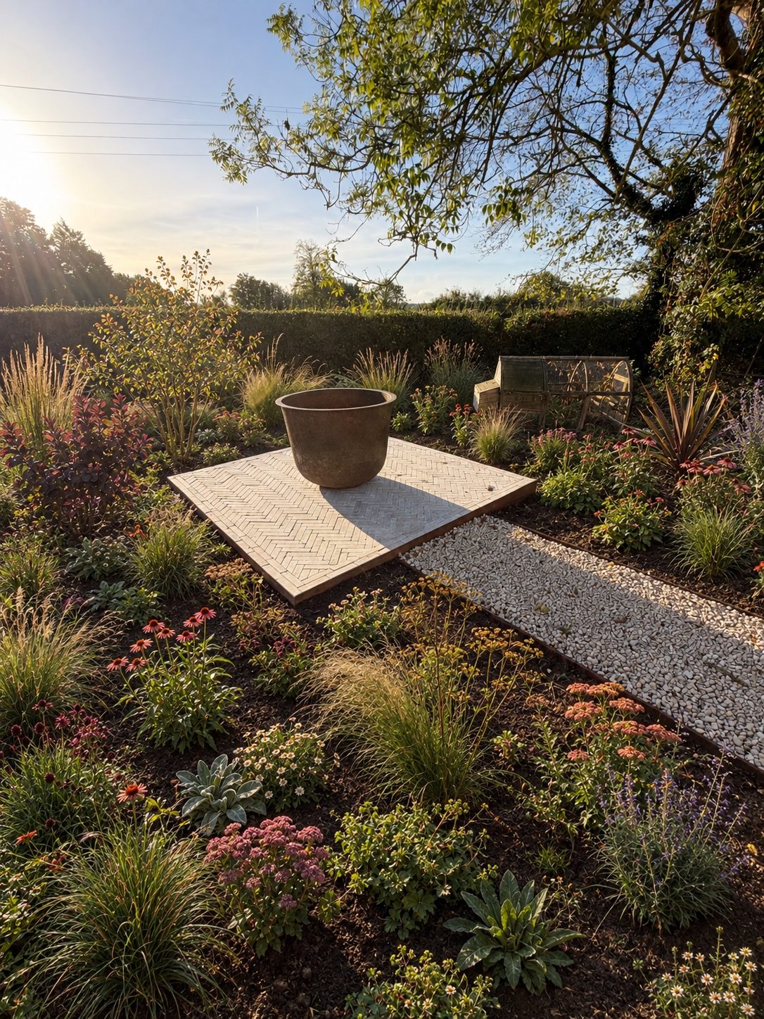 Stone platform with planter set into the borders – Brook Garden, Brook, Kent