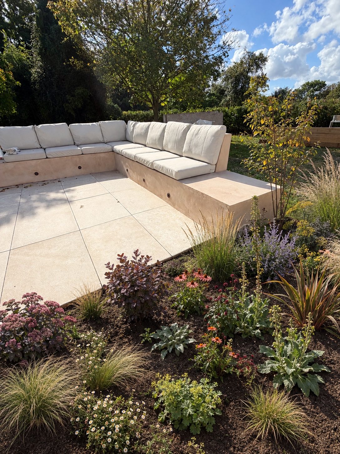 Stone terrace with built-in seating and prairie planting – Brook Garden, Brook, Kent
