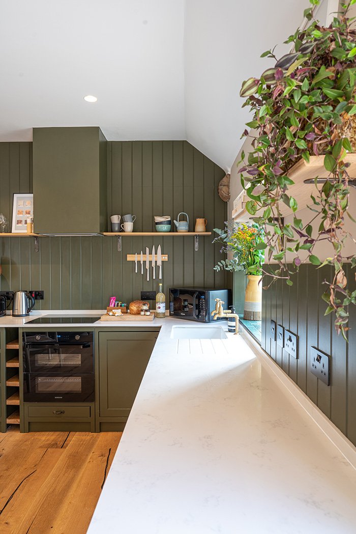 Green panelled kitchen with oak floor – The finished cottage – Home renovation, Kent