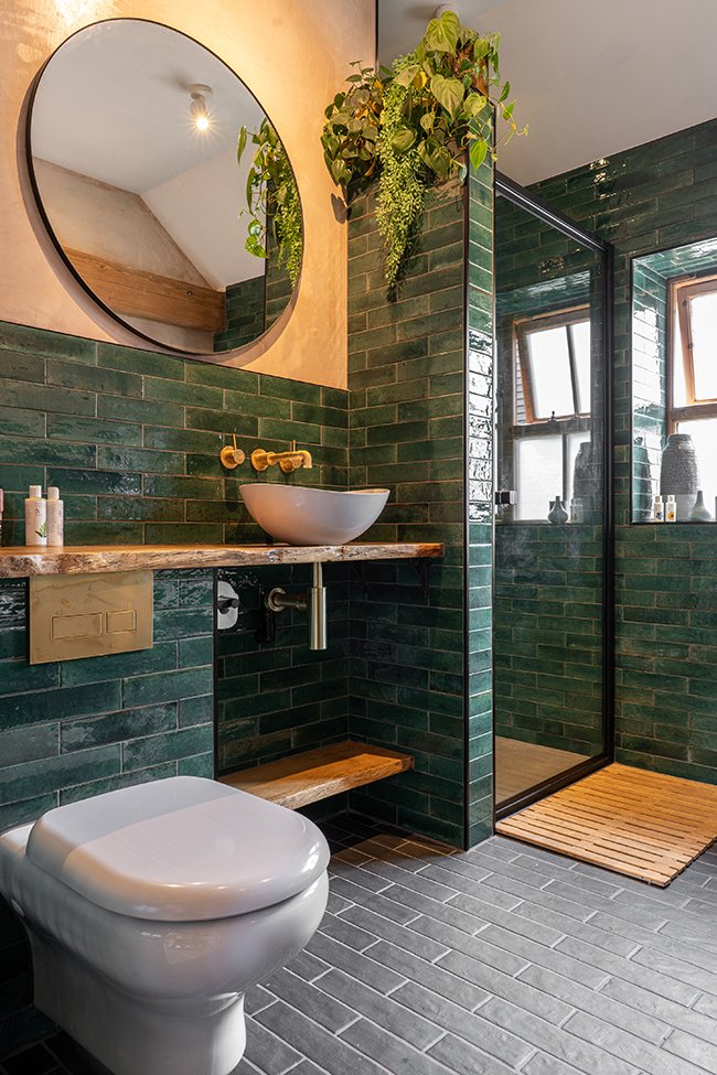 Green-tiled shower room – The finished cottage – Home renovation, Kent