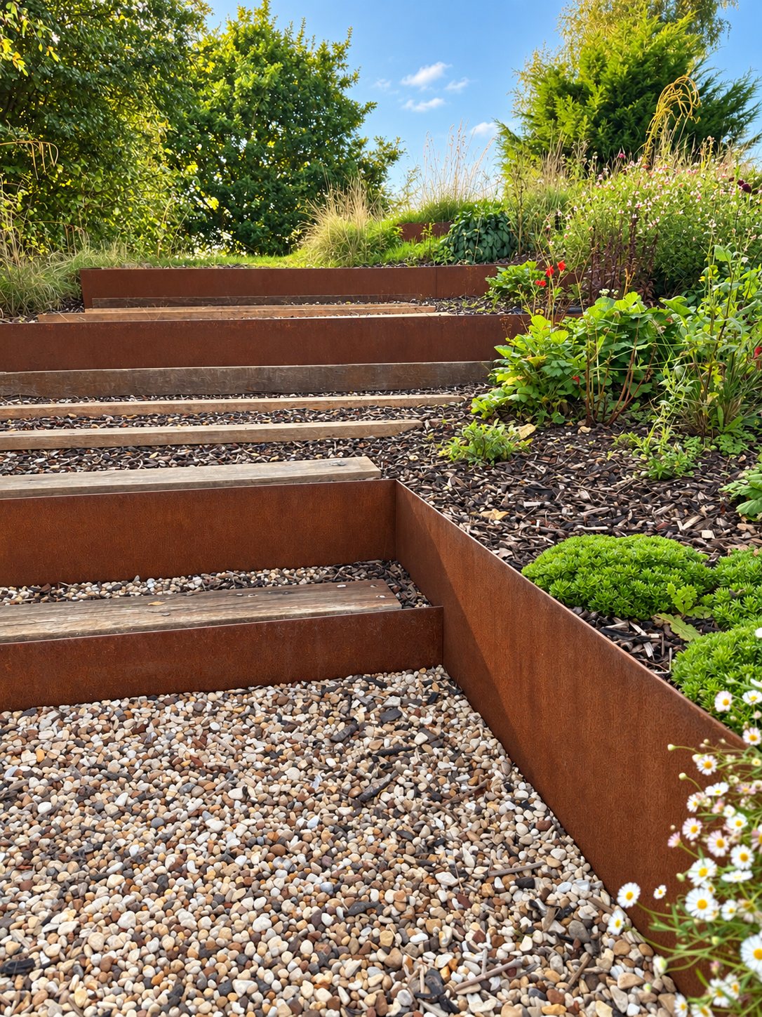 Tiered garden walls edged in Corten steel – The Kent Garden, Hastingleigh