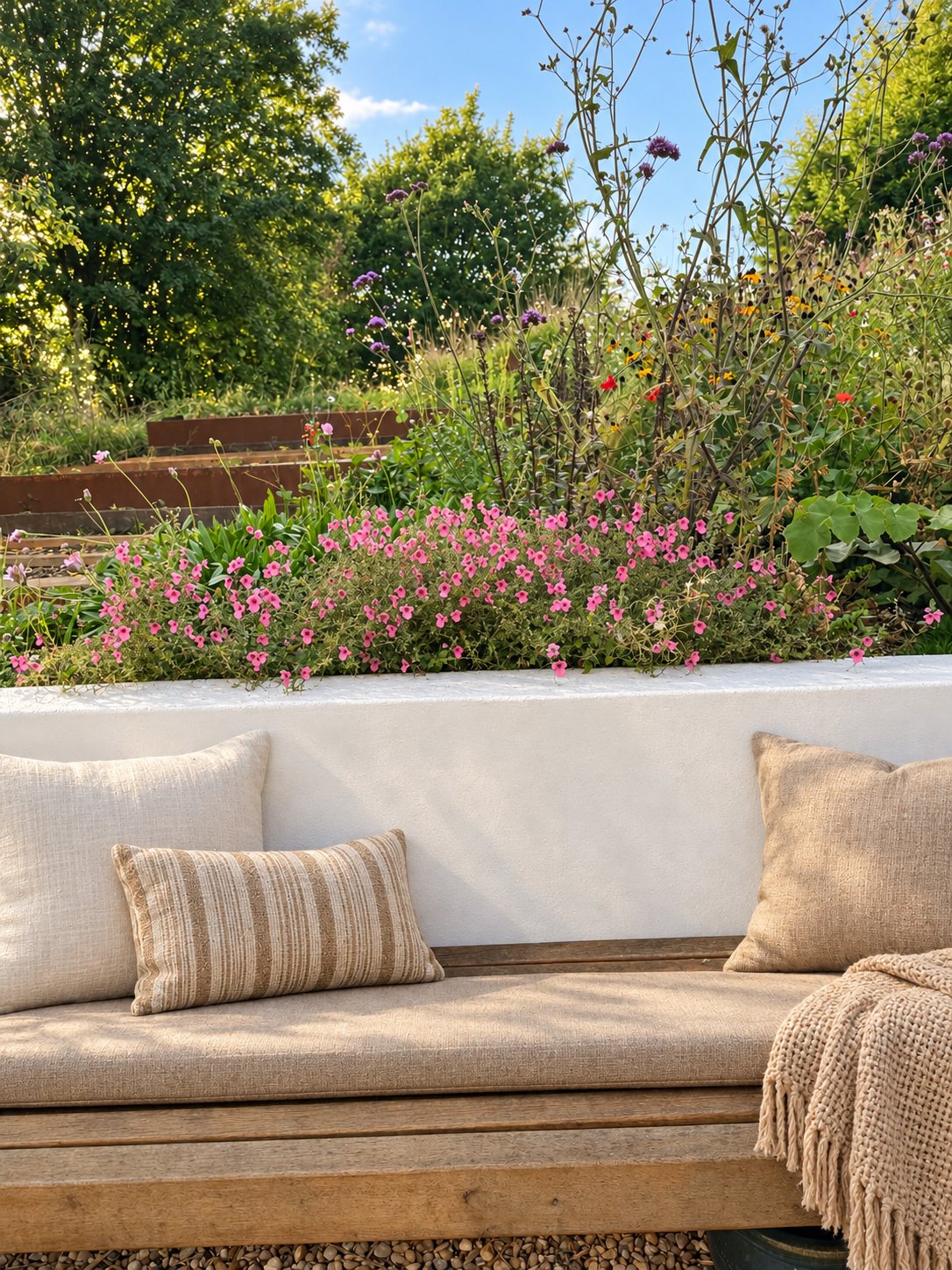 Lime plaster seat with wild prairie planting – The Kent Garden, Hastingleigh