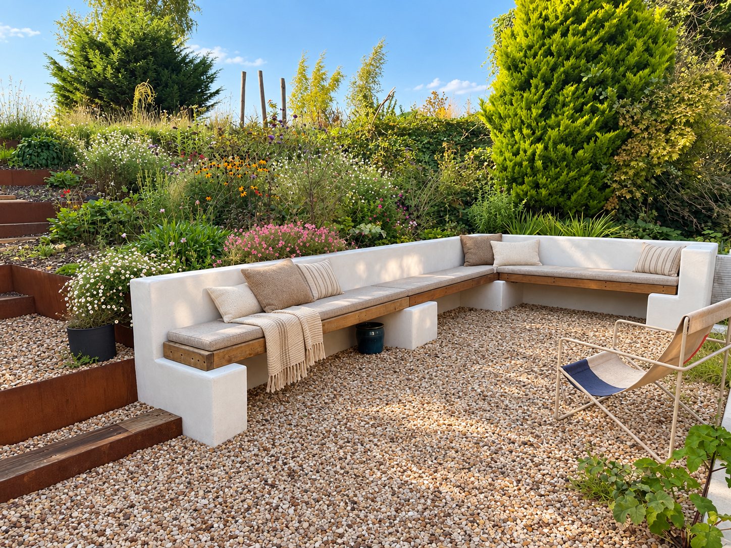 Mediterranean lime plaster seating area with oak bench – The Kent Garden, Hastingleigh