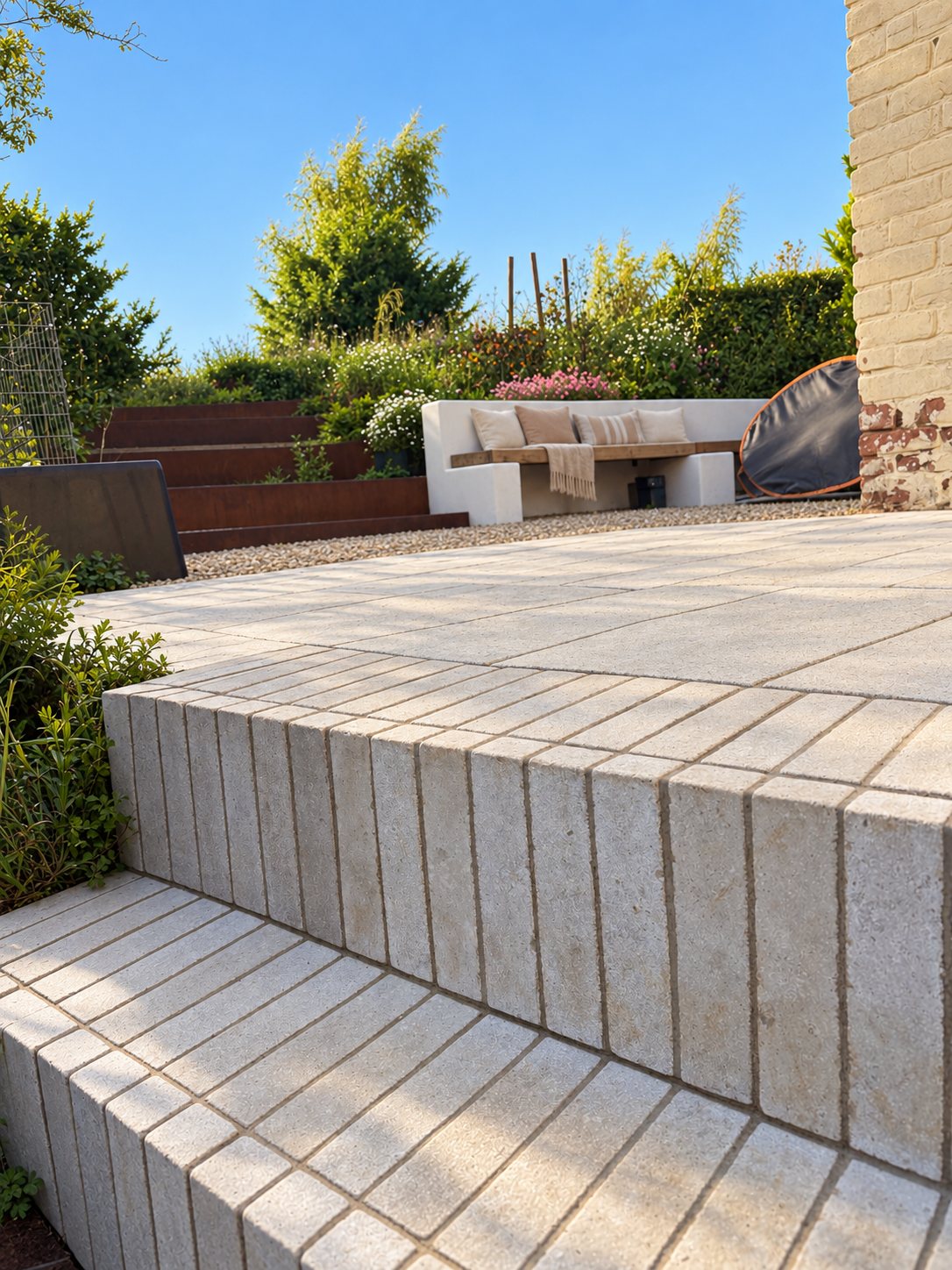 Limestone steps and terrace – The Kent Garden, Hastingleigh