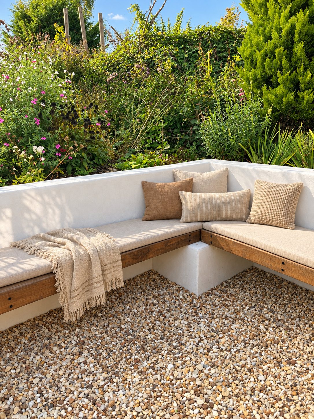 Oak bench set into lime plaster seating – The Kent Garden, Hastingleigh