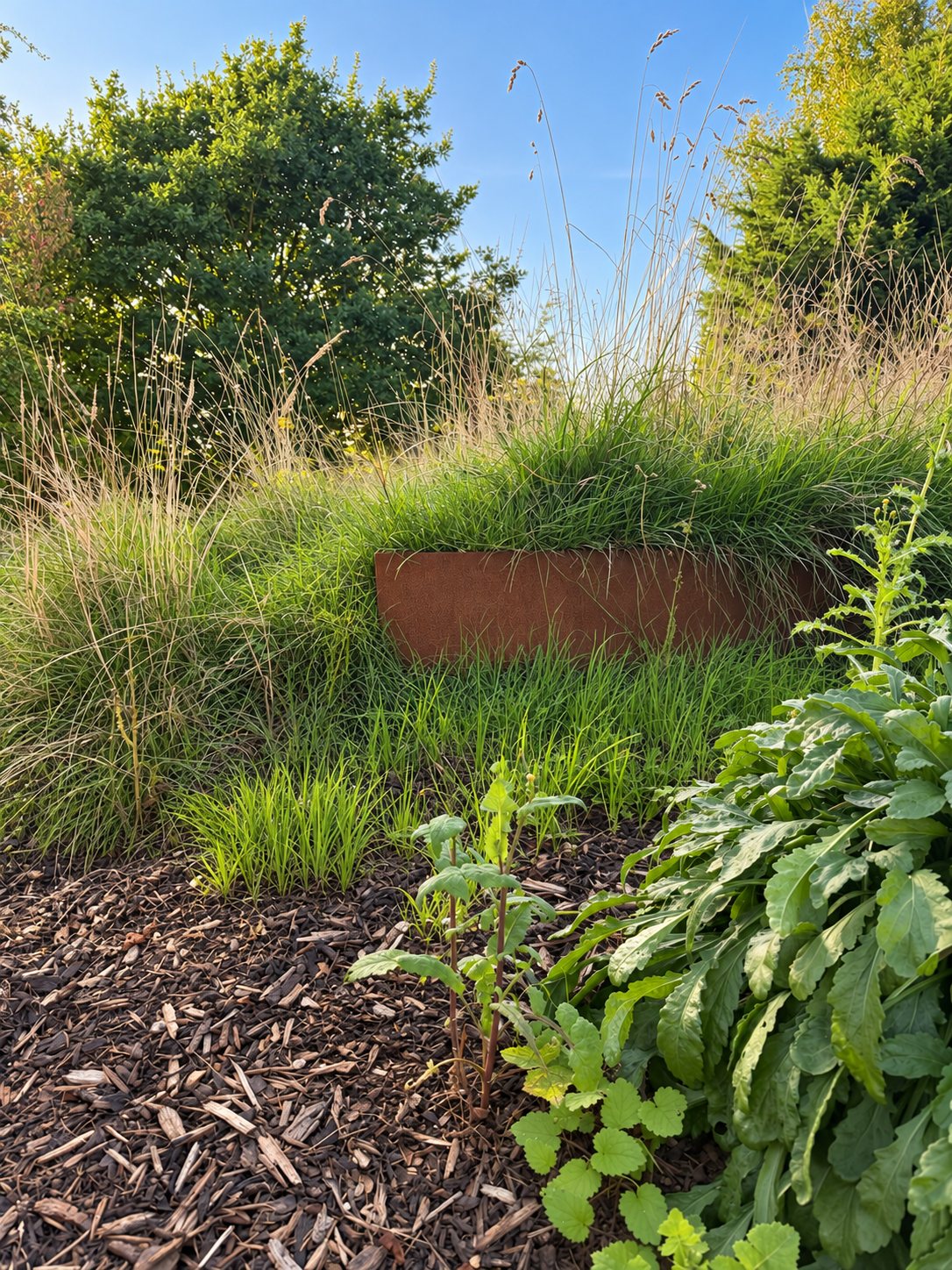 Wild prairie planting around Corten steel walls – The Kent Garden, Hastingleigh