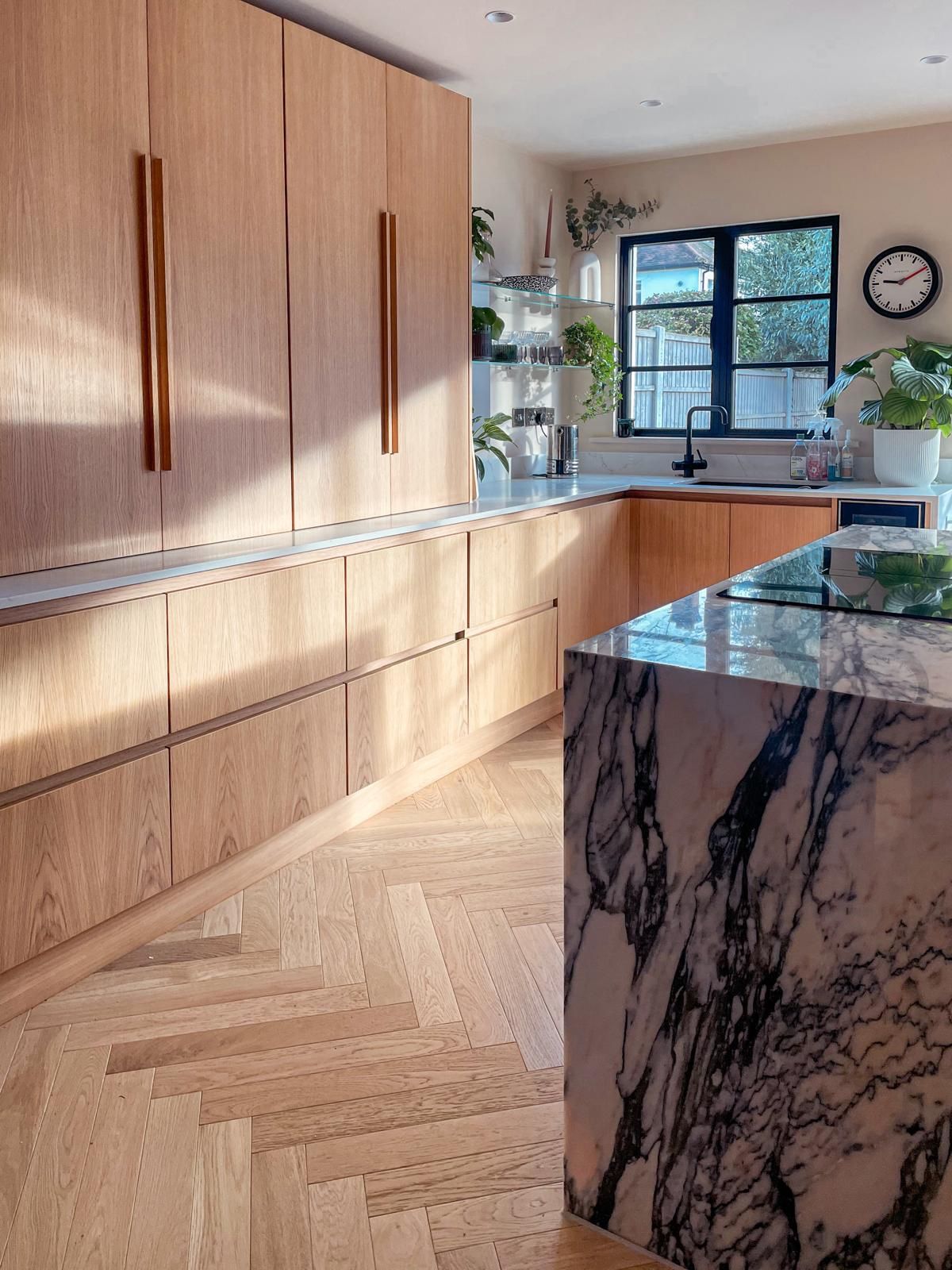 Oak kitchen units with herringbone oak floor, remodelled kitchen in Kent